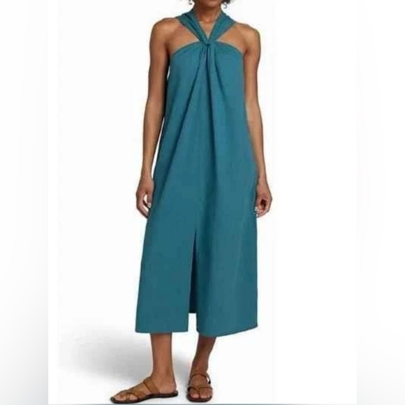 Faherty 100% Organic Cotton Teal Blue Cross Neck Midi Dress, size M - Picture 1 of 7